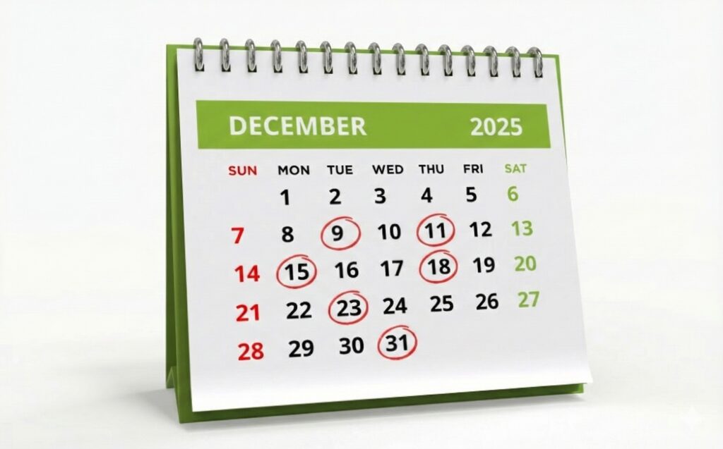 A standing desk calendar showing the month of December 2025 with a green header and binder rings. Red hand-drawn circles mark specific dates on the calendar: the 9th, 11th, 15th, 18th, 23rd, and 31st.