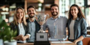 Group of successful sales men and women with trophy in front of them