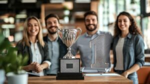 Group of successful sales men and women with trophy in front of them