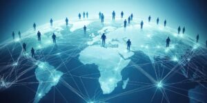 A conceptual visualization of a digital network of people connected by lines and nodes across a globe, representing international collaboration.